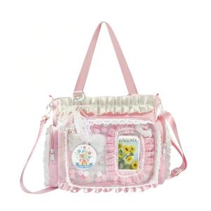 Ita Bag,DIY Cute Crossbody Bags with Multiple Styles Accessories,Bag with Clear Pocket Display,4 Color Kawaii Ita Shoulder Bags with Insert,Anime Badge Pin Display Purse,for DIY Enthusiasts (Pink)