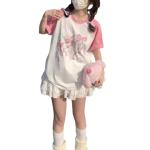 Kawaii Oversized T-Shirt Cute Pink Anime Shirt Japanese Harajuku Patchwork Tee Cartoon Print Loose Teen Girl Plus Size (Pink,Large,Large)