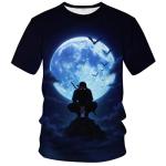 Blissboy Blue Moon Ninja T-Shirt for Men Full Moon Bats Graphic Tee Warrior Katana Shirt Night Shadow Samurai Streetwear Top,Blue,2XL