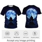 Blissboy Blue Moon Ninja T-Shirt for Men Full Moon Bats Graphic Tee Warrior Katana Shirt Night Shadow Samurai Streetwear Top,Blue,2XL