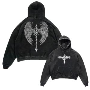 Dynict Unisex Y2K Aicd Wash Gothic Graphic Hoodies Oversize Grunge Skull Wing Print Sweatshirt Casual Fit Pullover (Black,Medium)