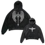 Dynict Unisex Y2K Aicd Wash Gothic Graphic Hoodies Oversize Grunge Skull Wing Print Sweatshirt Casual Fit Pullover (Black,Medium)