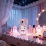 CLQLC Anime Cat Case for iPhone 17 Pro,Phone Holder Stand with Makeup Mirror, Kawaii Phone Cases, Cool Unique Protective Cover for Women