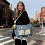 Kawaii Crossbody Ita Bag for Women with Pin and Plush Penguin, Cute Messenger Bag Japanese Crossbody Bag Y2K Purse Blue Fit 15.6 Inch Laptop