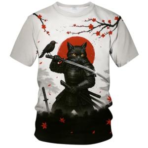QTAGTESS Samurai Cat T-Shirt for Men Manga Art Japanese Warrior Graphic Tee Shirt,Black White,L