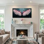 ZESTRILIA Angel Wings Wall Art for Girls Room Pink Navy Blue Canvas Oil Painting Prints Modern Abstract Fantasy Anime Artwork Living Bedroom Office Decor Extra Large (58x28 Inches)