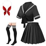 Japanese Anime Schoolgirl Classic Sailor JK Harajuku Crop Top Tie up Pleated Skirt Uniform Seifuku Socks Bow Set Black XL
