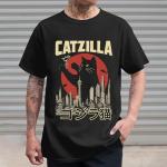 Anime Catzilla Shirt Mens – Kawaii Japanese Cat Tshirt Womens – Cat Anime Graphic Tee for Men – Catzilla Shirts for Women - Men Cats Japanese Xmas Outfit (Black-XL)