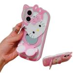CLQLC Anime Cat Case for iPhone 16,Phone Holder Stand with Makeup Mirror, Kawaii Phone Cases, Cool Unique Protective Cover for Women
