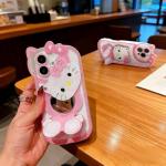 CLQLC Anime Cat Case for iPhone 16,Phone Holder Stand with Makeup Mirror, Kawaii Phone Cases, Cool Unique Protective Cover for Women