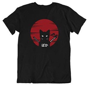 Japanese Cat Anime T-Shirt for Adults - Black