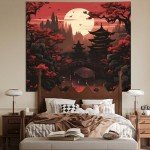Japanese Anime Tapestry: Dark Sunset Forest Decor