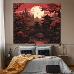 Japanese Anime Tapestry: Dark Sunset Forest Decor