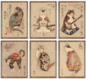 6Pcs Japanese Samurai Cat Wall Art Prints of Posters Japan Bushido Decor Kung Fu Paintings Tattoo Funny Fantasy Photo Picture Canvas Poster Painting for Living Room Print Bedroom Home Artwork