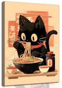 Japanese Noodle Black Cat Canvas Wall Art Trendy Tokyo Ukiyoe Cats Wall Decor Pictures Retro Cute Tokyo For Kitchen Posters Prints for Kids Teens Room Boys Girls Bedroom Decoration