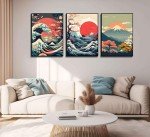 3Pcs Japanese Wall Art Asian Nature Landscape Posters Pictures Kanagawa Giant Wave Canvas Prints Mount Japanese Fuji Art Paintings Cherry Blossom Lake Wall Decor for Living Room Bedroom Office Unframed