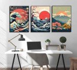 3Pcs Japanese Wall Art Asian Nature Landscape Posters Pictures Kanagawa Giant Wave Canvas Prints Mount Japanese Fuji Art Paintings Cherry Blossom Lake Wall Decor for Living Room Bedroom Office Unframed