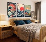3Pcs Japanese Wall Art Asian Nature Landscape Posters Pictures Kanagawa Giant Wave Canvas Prints Mount Japanese Fuji Art Paintings Cherry Blossom Lake Wall Decor for Living Room Bedroom Office Unframed