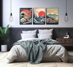 3Pcs Japanese Wall Art Asian Nature Landscape Posters Pictures Kanagawa Giant Wave Canvas Prints Mount Japanese Fuji Art Paintings Cherry Blossom Lake Wall Decor for Living Room Bedroom Office Unframed