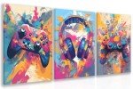 GELDSTEI Cool Game Canvas Wall Art, Color Video Gaming Poster Prints, Vibrant Anime Game Wall Decor, Handle Earphone Graffiti Aesthetic Pictures for Teen Boy Play Room Framed Ready to Hang 16"x24"x3