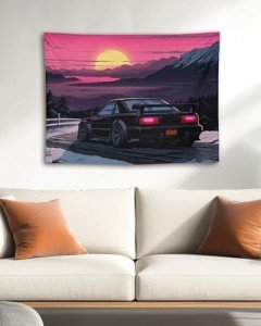QEOPGNE Large Wall Tapestry Jdm Anime Sunset Japanese Car S13 Wall Tapestry for Bedroom Living Room Wall Art Aesthetic Decor Tapestries 30"x40"