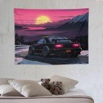 QEOPGNE Large Wall Tapestry Jdm Anime Sunset Japanese Car S13 Wall Tapestry for Bedroom Living Room Wall Art Aesthetic Decor Tapestries 30"x40"