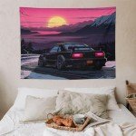 QEOPGNE Large Wall Tapestry Jdm Anime Sunset Japanese Car S13 Wall Tapestry for Bedroom Living Room Wall Art Aesthetic Decor Tapestries 30"x40"