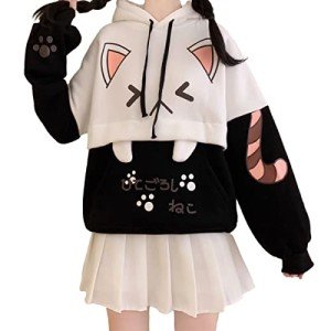 Cute Cat Graphic Hoodies Pullover Teen Girls Japanese Kawaii Anime Print Hooded Sweatshirt Fashion Tops (Black)