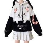 Cute Cat Graphic Hoodies Pullover Teen Girls Japanese Kawaii Anime Print Hooded Sweatshirt Fashion Tops (Black)