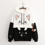Cute Cat Graphic Hoodies Pullover Teen Girls Japanese Kawaii Anime Print Hooded Sweatshirt Fashion Tops (Black)