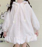 BZB Kawaii Anime Bunny Ear Hoodies For Women Sweet Lovely Fuzzy Fluffy Rabbit Sweater Tops Cosplay Jacket Coats White