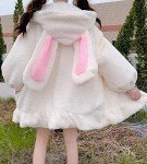 BZB Kawaii Anime Bunny Ear Hoodies For Women Sweet Lovely Fuzzy Fluffy Rabbit Sweater Tops Cosplay Jacket Coats White