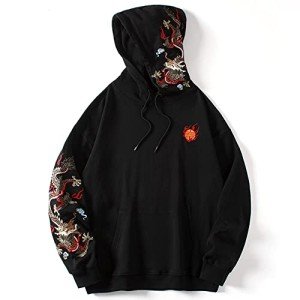 HaiZi XiHuan Streetwear Men's Dragon Embroidered Heavyweight Graphic Hoodies Japanese Techwear baggy Anime Hoodie (Black,XXL)