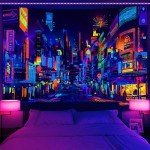 Bzhilja Blacklight Japanese Anime Tapestry, UV Reactive Punk Cityscape Wall Tapestry, Japanese Tokyo Billboards District City 80S Art Wall Hangings for Living Room Bedroom Dorm