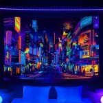 Bzhilja Blacklight Japanese Anime Tapestry, UV Reactive Punk Cityscape Wall Tapestry, Japanese Tokyo Billboards District City 80S Art Wall Hangings for Living Room Bedroom Dorm