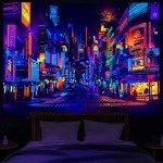 Bzhilja Blacklight Japanese Anime Tapestry, UV Reactive Punk Cityscape Wall Tapestry, Japanese Tokyo Billboards District City 80S Art Wall Hangings for Living Room Bedroom Dorm