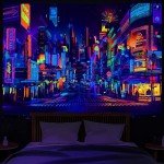 Bzhilja Blacklight Japanese Anime Tapestry, UV Reactive Punk Cityscape Wall Tapestry, Japanese Tokyo Billboards District City 80S Art Wall Hangings for Living Room Bedroom Dorm