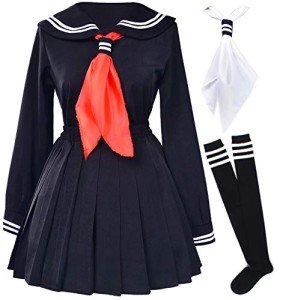 Classic Japanese School Girls Sailor Dress Shirts Uniform Anime Cosplay Costumes with Socks Set(Black)(S = Asia M)(SSF08BK)