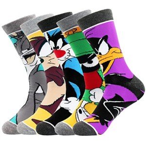 XTBPQMX Funny Cartoon Socks Men 5 Pack Colorful Crazy Cute Character Patterned Cotton Novelty Dress Crew Socks Women 9-12