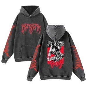 MAGITUTU Unisex Retro Berserks Washed Hoodie Men Anime Novelty 3D Printed Vintage Sweatshirts Long Sleeve Casual Pullover(Black-B-M)