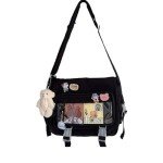 MILLEVIBE Kawaii Ita Bag Crossbody Itabag with Anime Pins & Bear- Nylon Messenger Purse Y2K Japanese Backpack for Women Black