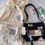 MILLEVIBE Kawaii Ita Bag Crossbody Itabag with Anime Pins & Bear- Nylon Messenger Purse Y2K Japanese Backpack for Women Black