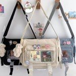 MILLEVIBE Kawaii Ita Bag Crossbody Itabag with Anime Pins & Bear- Nylon Messenger Purse Y2K Japanese Backpack for Women Black