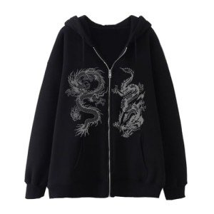 Aobiono Women Men Y2K Zip Up Oversized Hoodie Gothic Dragon Graphic Emo Grunge Alt Baggy Fleece Jacket 90s Punk Streetwear (Black,3XL,3X-Large)