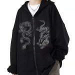 Aobiono Women Men Y2K Zip Up Oversized Hoodie Gothic Dragon Graphic Emo Grunge Alt Baggy Fleece Jacket 90s Punk Streetwear (Black,3XL,3X-Large)