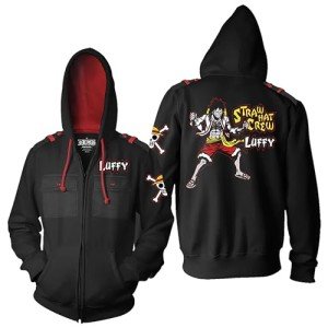 Ripple Junction One Piece Men's Full Zip-Up Hooded Sweatshirt Monkey D. Luffy Straw Hat Crew Anime Fleece Hoodie Medium Black