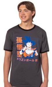Dragon Ball Super Men's Goku Ramen Kanji Design Adult Anime Ringer T-Shirt, X-Large Charcoal Grey