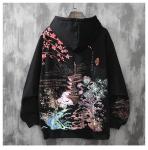 Women Men Aesthetic Japanese Sakura Hoodie, Y2K Anime Harajuku Cloth Korean Hooded Long Sleeve Sweatshirt for Winter Fall (Black,L,Large)