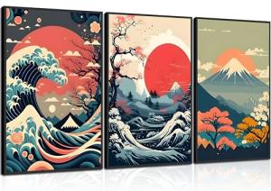 3Pcs Japanese Wall Art Asian Nature Landscape Posters Pictures Kanagawa Giant Wave Canvas Prints Mount Japanese Fuji Art Paintings Cherry Blossom Lake Wall Decor for Living Room Bedroom Office Unframed