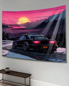 QEOPGNE Anime Sunset Japanese S13 Jdm Car Tapestry Flag Wall Art Wall Hanging Decor for Bedroom Living Room Wall Decor for Men and Women 40"x60"